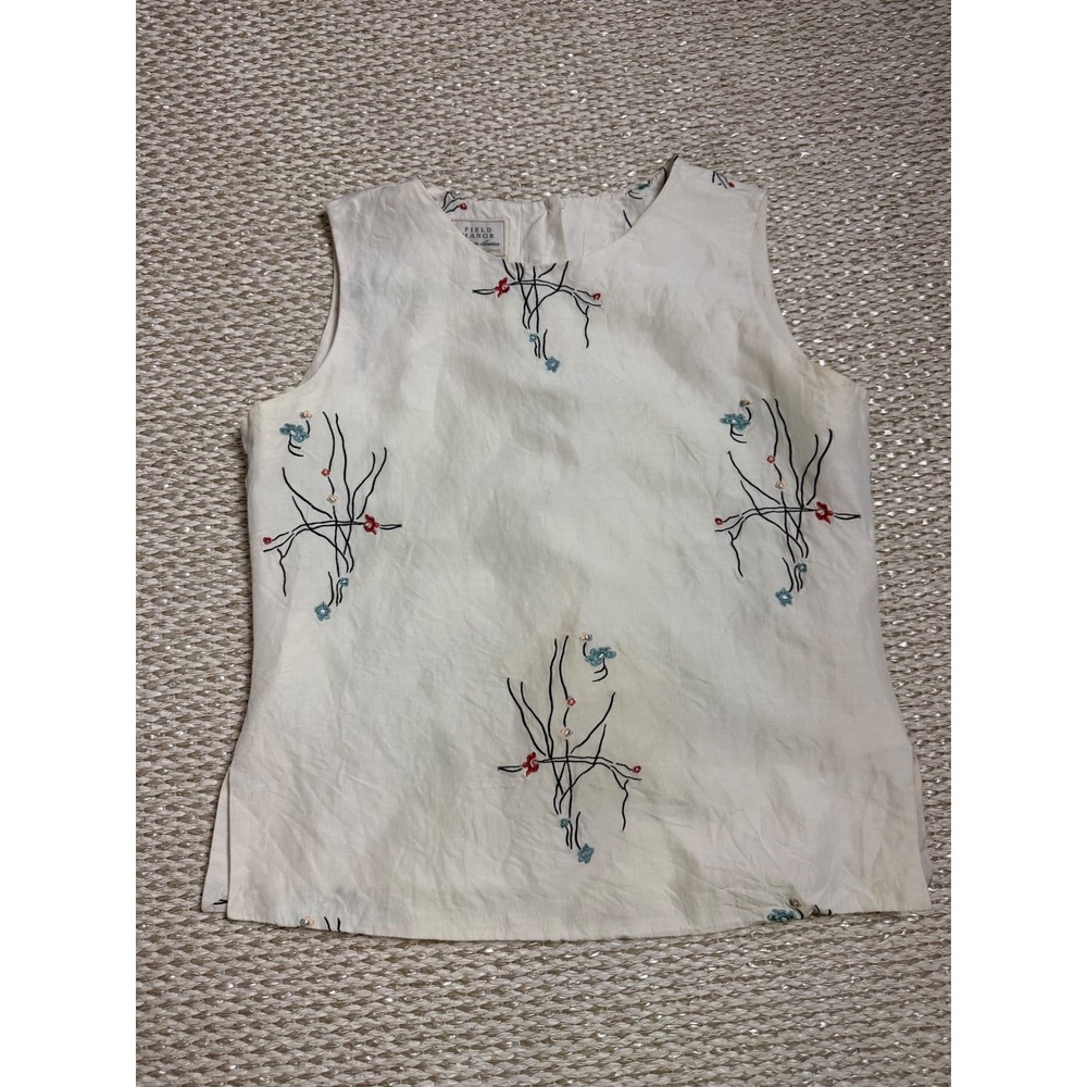 Field Manor Silk Linen Embroidered Sleeveless Blouse boho Floral Button Back 10